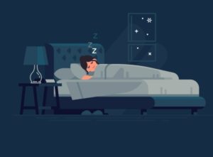 illustration of woman sleeping in bed at night | 26 Ways to Make Practicing Mindfulness a Part of Your Day