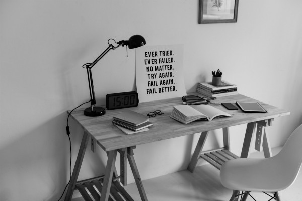 black and white desk with quote about failure | Here's How to Find Motivation: Don't. Try This Instead http://www.positiveroutines.com/how-to-find-motivation