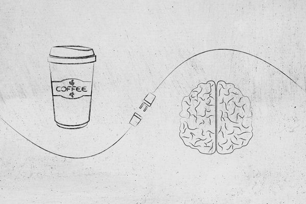 illustration of coffee plugging into the brain productivity | Can Caffeine Help You Do Something Productive? https://positiveroutines.com/do-something-productive/