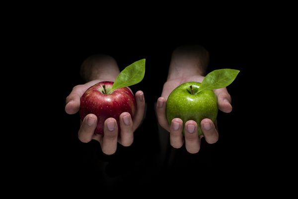 hands holding one red apple one green apple | How to Make Being a Perfectionist Work For You  https://positiveroutines.com/being-a-perfectionist/