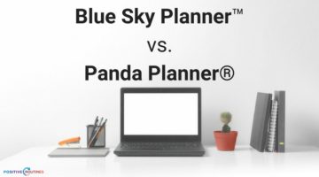 minimalist white desk with black laptop blue sky planner | Productivity on Paper: Blue Sky Planner vs. Panda Planner https://positiveroutines.com/blue-sky-planner-vs-panda-planner/