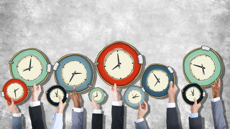 diverse hands holding cartoon clocks against gray background time concept | For Ultimate Productivity, Manage Your Energy, Not Your Time  https://positiveroutines.com/manage-your-energy-not-your-time/ 