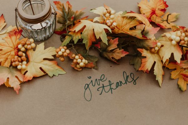 fall scene with leaves and give thanks written on brown paper | How to Practice Gratitude With Us This November  https://positiveroutines.com/practice-gratitude/