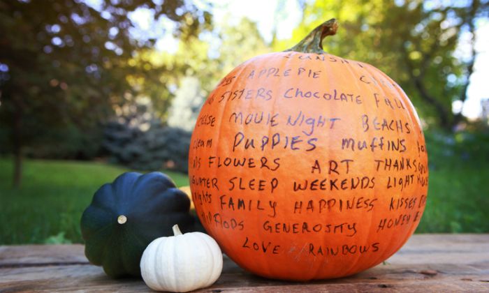 pumpkin with things people are grateful for written on it | Readers Share: What Are You Grateful For Today? https://positiveroutines.com/things-to-be-grateful-for/