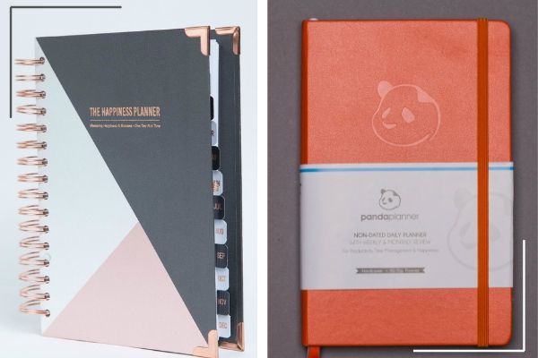gray and pink happiness planner beside orange panda planner | https://positiveroutines.com/the-happiness-planner-panda-planner