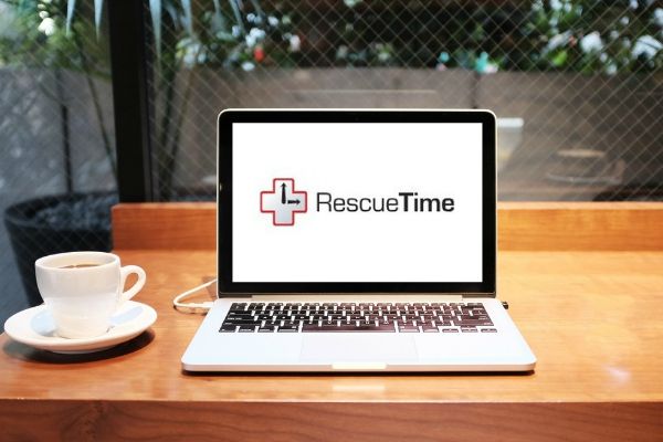 laptop with RescueTime logo | 3 Time-Management Tools to Up Your Organization and Simplify Your Life  https://positiveroutines.com/time-management-tools/