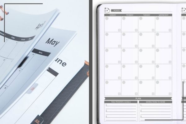 monthly pages in happiness planner beside open panda planner with blank monthly page | Productivity on Paper: The Happiness Planner vs. Panda Planner https://positiveroutines.com/the-happiness-planner-panda-planner