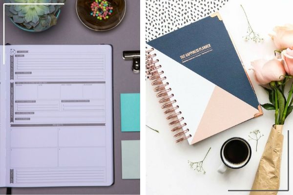 panda planner with office supplies beside happiness planner with pink roses | Productivity on Paper: The Happiness Planner vs. Panda Planner https://positiveroutines.com/the-happiness-planner-panda-planner