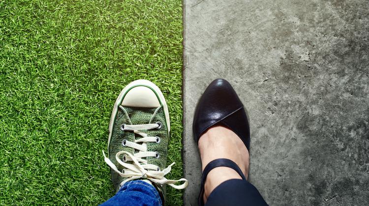 one casual sneaker on grass one dress shoe on concrete | Is Work and Life Balance Even Achievable in 2019? https://positiveroutines.com/work-and-life-balance-tips/
